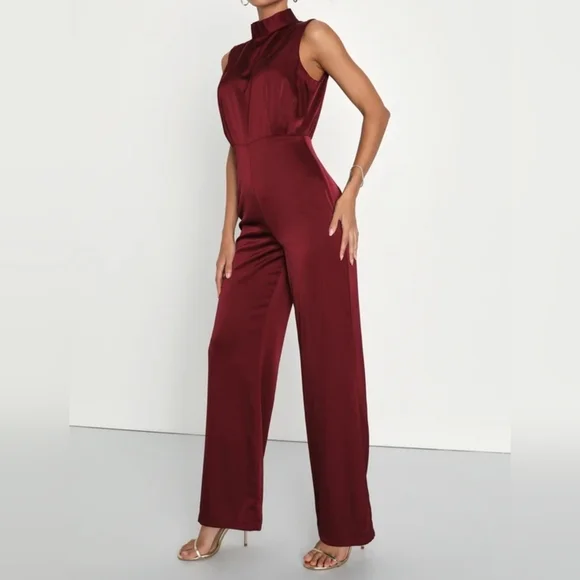 Lulus Classic Elegance Wine Red Satin Sleeveless Mock Neck Jumpsuit, Size Small - Picture 5 of 11